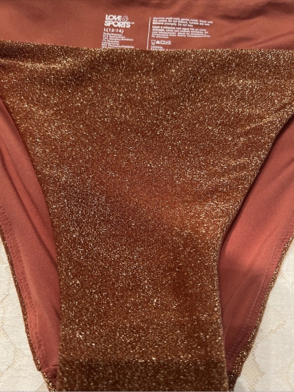 LOVE & SPORTS L 12-14 Metallic Cinnamon Classic Side Tab Bikini Bottom NEW TAG - Picture 6 of 16